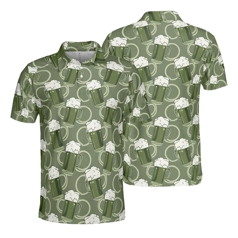 Olive Green Frothy Beer Mugs & Intertwined Rings Seamless Sporty Fabric Print Men's Polo Shirt (Lightweight) - _qb9yrU_1Q