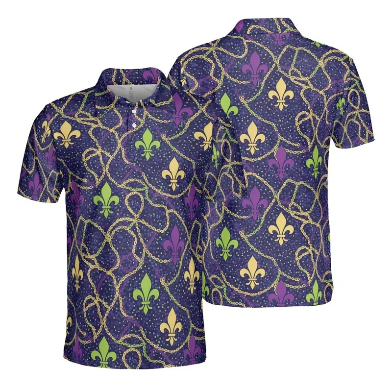 Vibrant Gold Green Purple Fleurs-de-lis Bead Chain Motif Dark Indigo Sparkle Seamless Textile Design Men's Polo Shirt (Lightweight) - 1