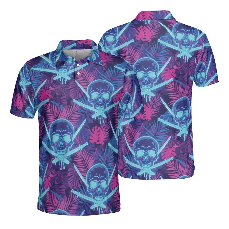 Neon Blue Skulls Glowing Eyes, Cyan Swords, Palm Leaf Mosaic Edge-to-Edge Print Men's Polo Shirt (Lightweight) - 1