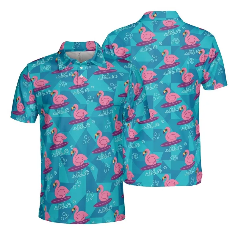 Pink Flamingo Sunglasses, Purple Surfboard Blue Wave, Teal Mosaic Edge-to-Edge Pattern Men's Polo Shirt (Lightweight) - 1