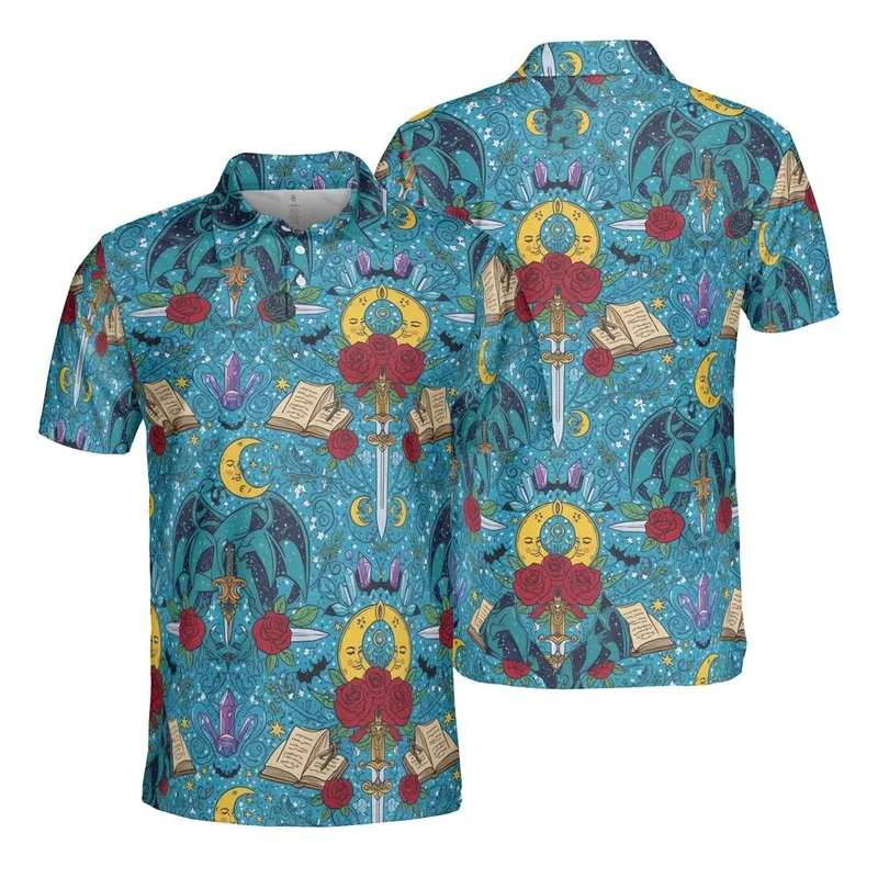 Teal Dragon, Ancient Book, Sword, Red Rose, Crescent Moon, Witch, Bat, Sun & Crystal Design Men's Polo Shirt (Lightweight) - iLbZNLycEC