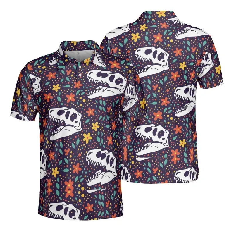 Sporty T-Rex Skull White Orange Yellow Bloom Teal Leaf Red Dot Pattern Design Men's Polo Shirt (Lightweight) - woJwwDwkUP