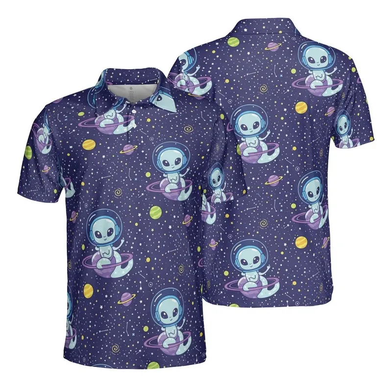 Astronaut Alien Light Blue-Grey Helmet Planet Rings Cosmic Starfield Swirl Design Activewear Men's Polo Shirt (Lightweight) - 1