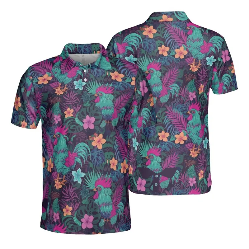 Stylized Roosters Retro Sunglasses Magenta Comb Tropical Hibiscus Polo Pattern Men's Polo Shirt (Lightweight) - 1