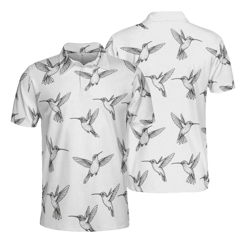 Hummingbird Enthusiast Intricate Ink Dynamic Flight Black White Piqué Seamless Pattern Men's Polo Shirt (Lightweight) - 1