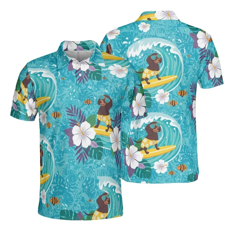 Dachshund Surfing Dog Yellow Surfboard Sunglasses Hibiscus Ocean Fabric Print Men's Polo Shirt (Lightweight) - 1