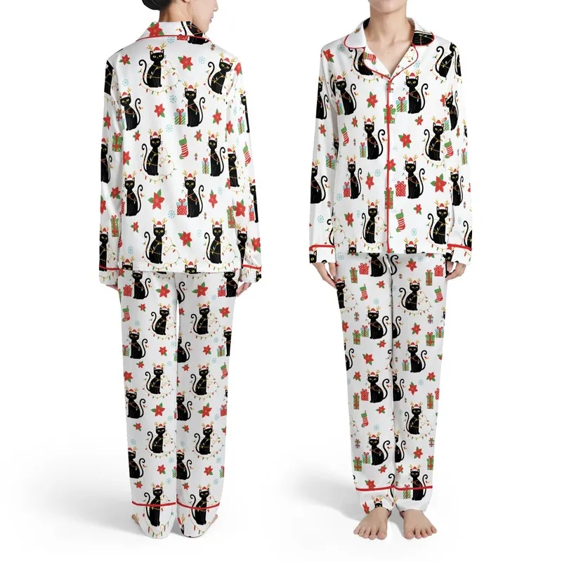 Matching Family Christmas Pajamas: Whimsical Black Cat, Poinsettia & Snowflake Design - Soft Poly Spandex Satin Pajamas Set - 1