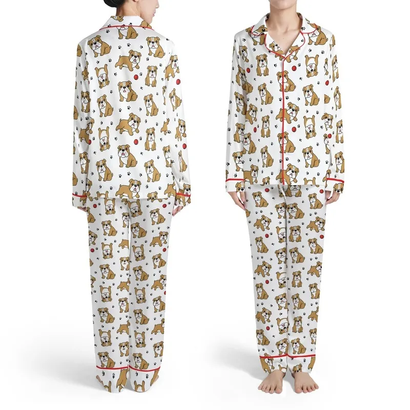 Bulldog Lover Pajamas: Playful Fawn Cartoon Dog All-Over Print Cozy Sleep Set Satin Pajamas Set - 1