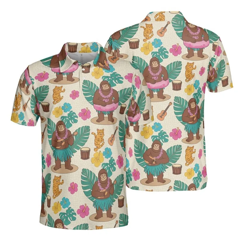 Bigfoot Hawaiian Ukulele Hula & Flamingo Tropical Leaf Conga Cat Full Coverage Print Men's Polo Shirt (Lightweight) - 1