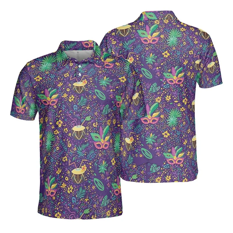 Mardi Gras Masks Conga Drums Coconut Palms Purple Green Pink Yellow Dot Mosaic Design Men's Polo Shirt (Lightweight) - 1