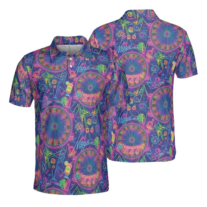 High Contrast Neon Casino Roulette Tables Playing Cards Dice 777 Jackpot Textile Graphic Men's Polo Shirt (Lightweight) - 1