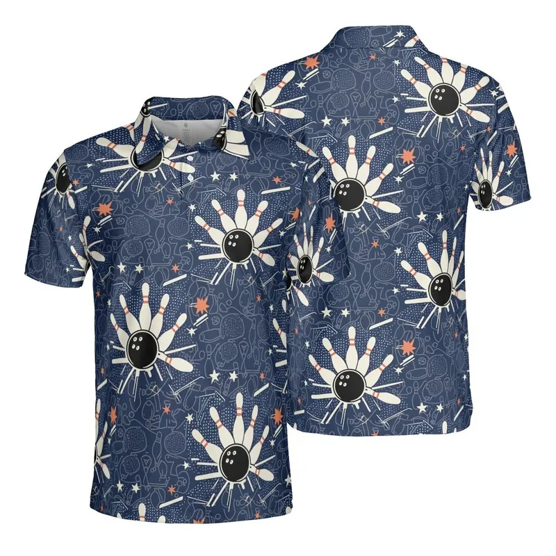Bowler Sport Motion Pattern: Deep Navy Cream Black White Coral Pin Strike Mosaic Men's Polo Shirt (Lightweight) - L30p5QlW_L