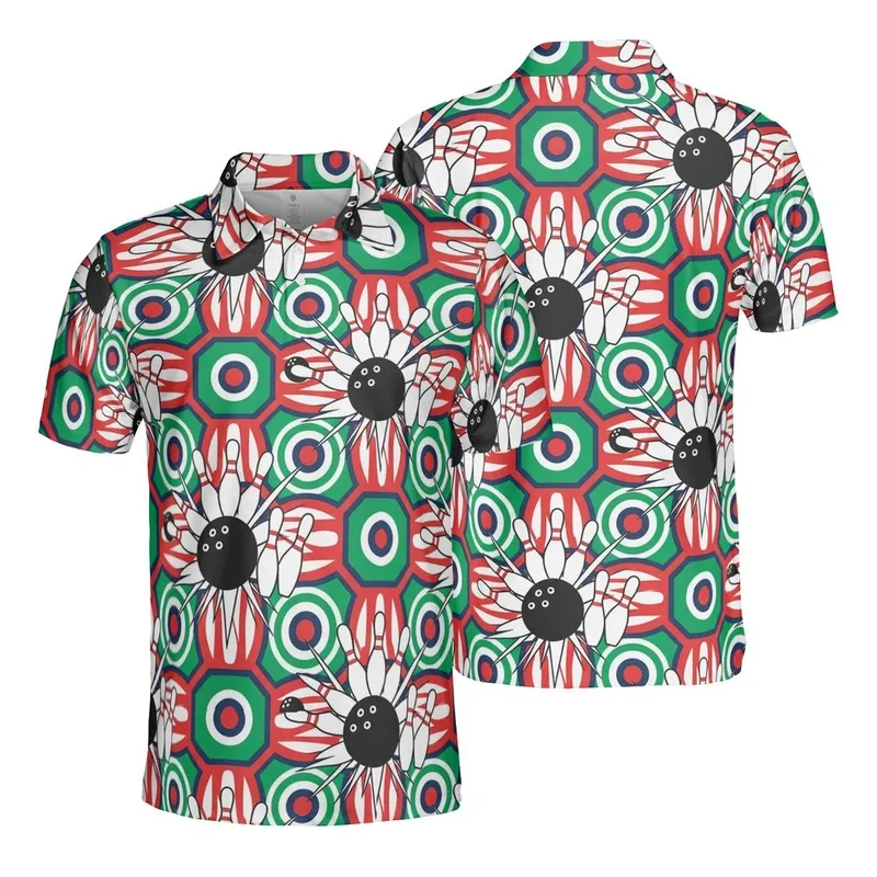 Bowling Fan: Black Ball White Pin Strike Motion Mosaic Print – Sporty Sublimation Fabric Art Men's Polo Shirt (Lightweight) - 07RkMwTXpr