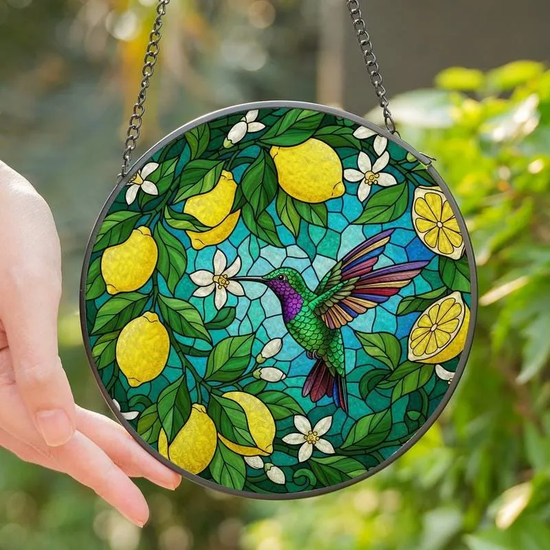 Stained Glass Hummingbird Suncatcher: Lemons & Blossoms Art Print - 1