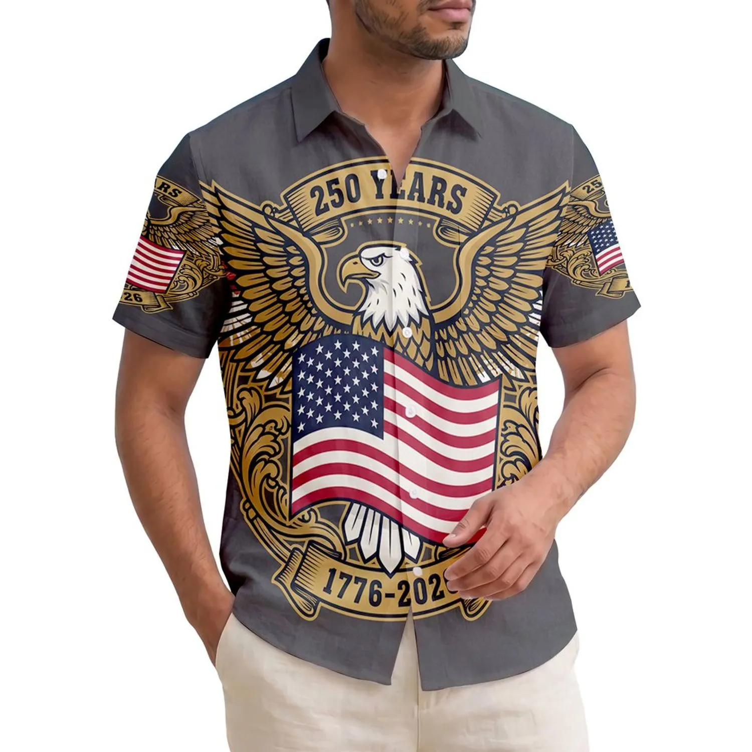 America 250th Birthday Eagle Flag: 1776-2026 Semiquincentennial Gold Scroll Banners Short-sleeve Hawaiian Shirt - 1