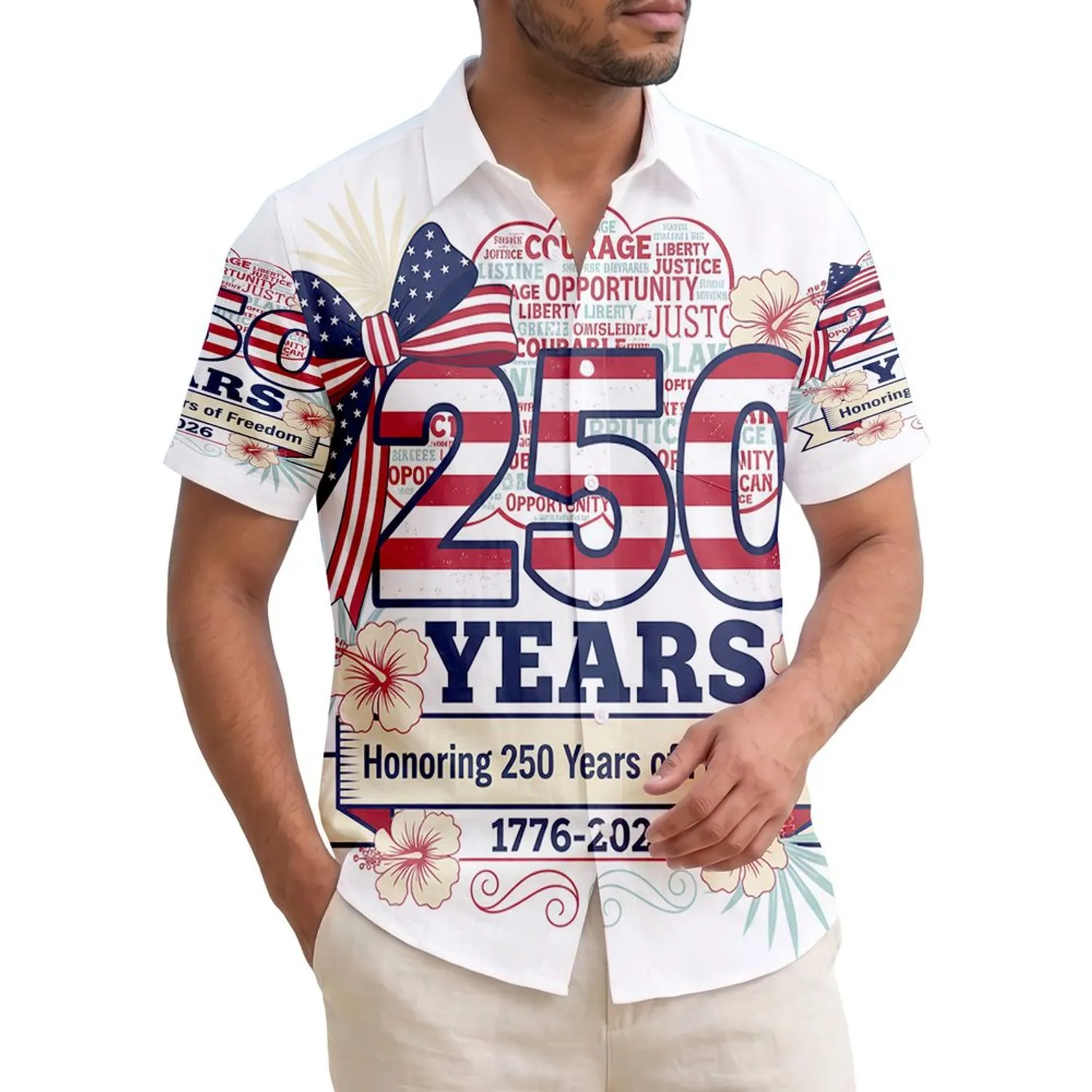 America 250th Anniversary Patriotic Hawaiian Flag Bow '250 Years' 1776-2026 Short-sleeve Hawaiian Shirt - 1