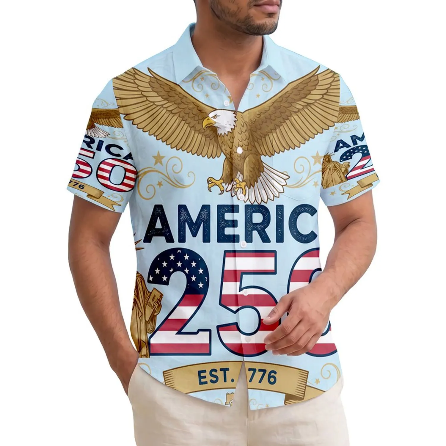 America 250th Birthday Eagle Statue of Liberty 1776 Patriotic Flag Scrollwork Short-sleeve Hawaiian Shirt - 1