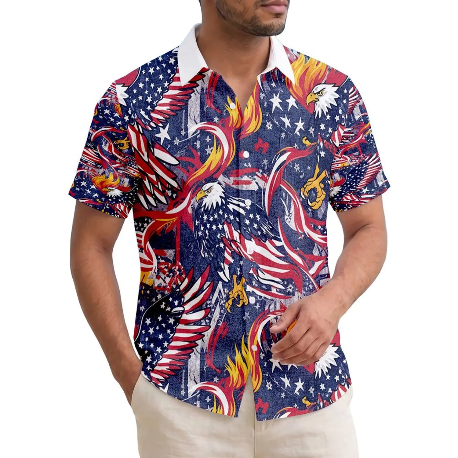 America 250th Anniversary Patriotic Eagle Flag Hawaiian Seamless Red White Blue Pattern Short-sleeve Hawaiian Shirt - 1
