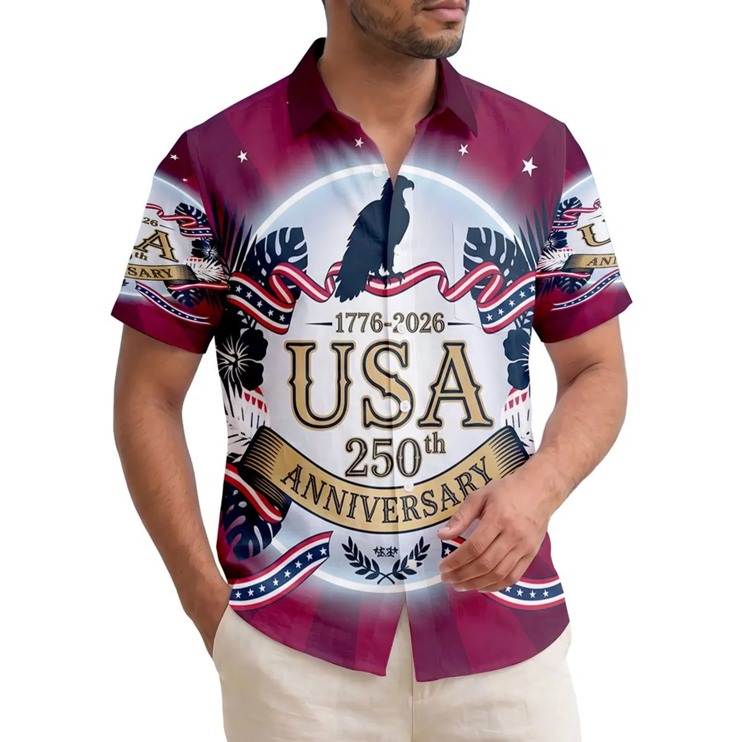 USA 250th Anniversary Eagle Silhouette Tropical Foliage Stars 1776-2026 Crimson Navy Short-sleeve Hawaiian Shirt - 1