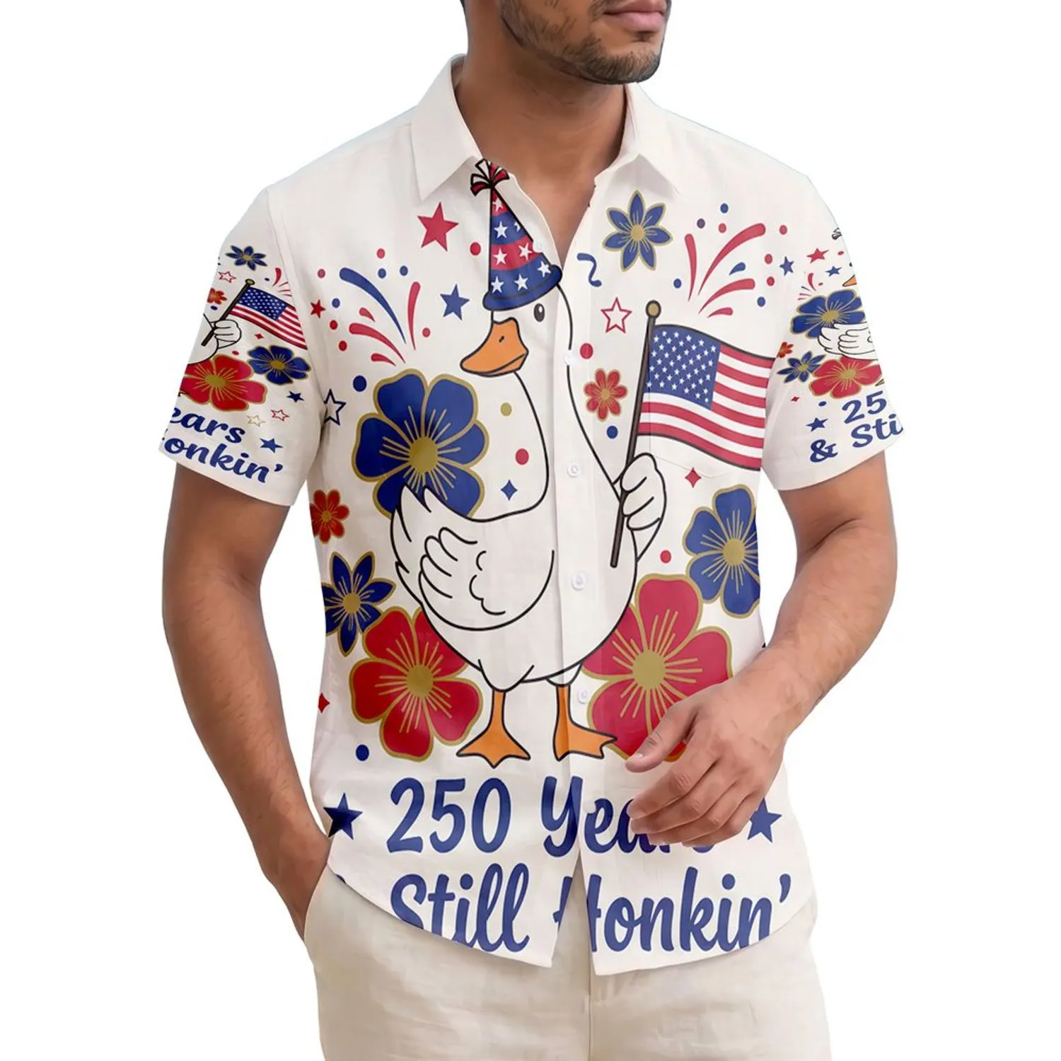 USA 250th Birthday Patriotic Goose Party Hat Flag Tropical Honkin' Design Short-sleeve Hawaiian Shirt - 1