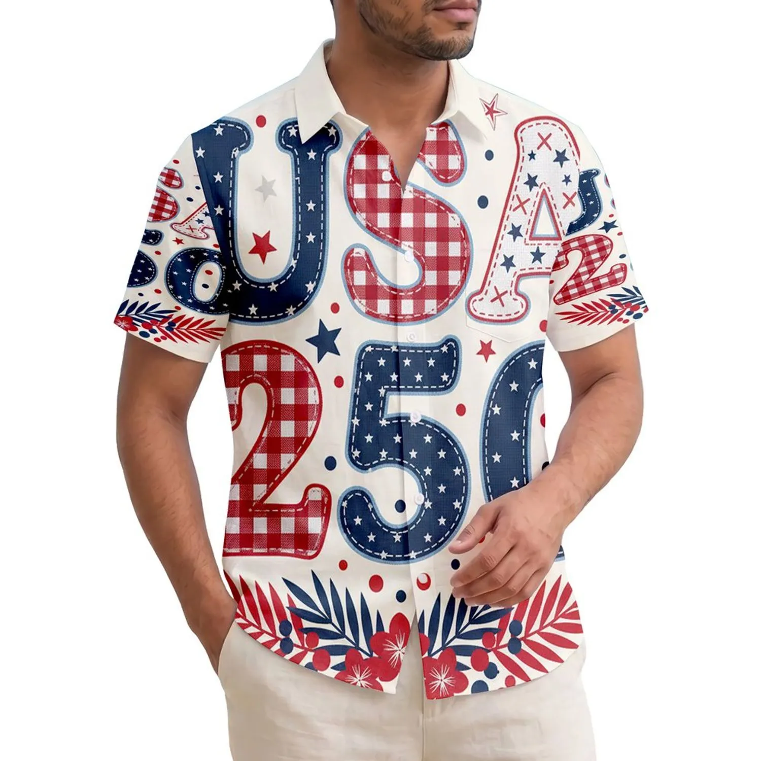 USA 250th Birthday Patchwork Appliqué Stars Hearts Gingham Wreath Patriotic Cream Short-sleeve Hawaiian Shirt - 1