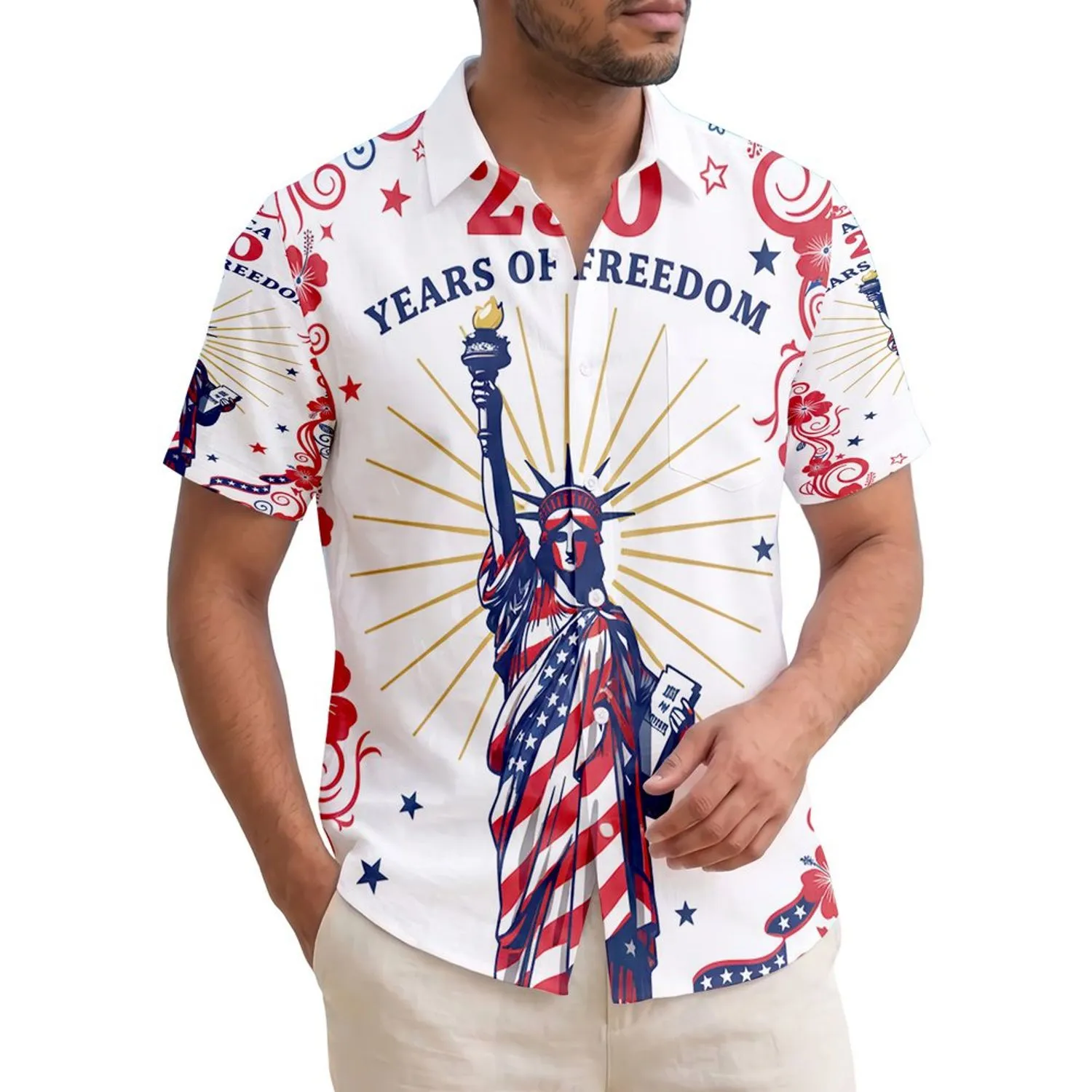 America 250th Freedom: Tropical Liberty Icon, Patriotic Stripes, Golden Torch Design Short-sleeve Hawaiian Shirt - 1