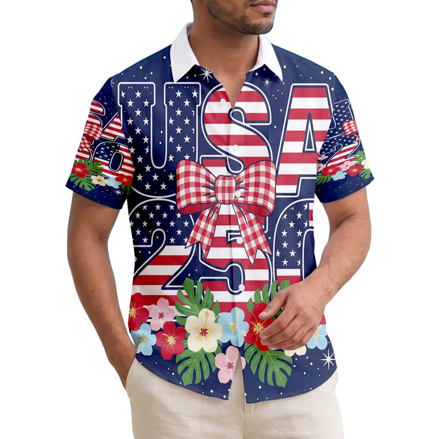 America 250th Anniversary USA 250 Flag Stars Checkered Bow Tropical Flowers Navy Short-sleeve Hawaiian Shirt - 1