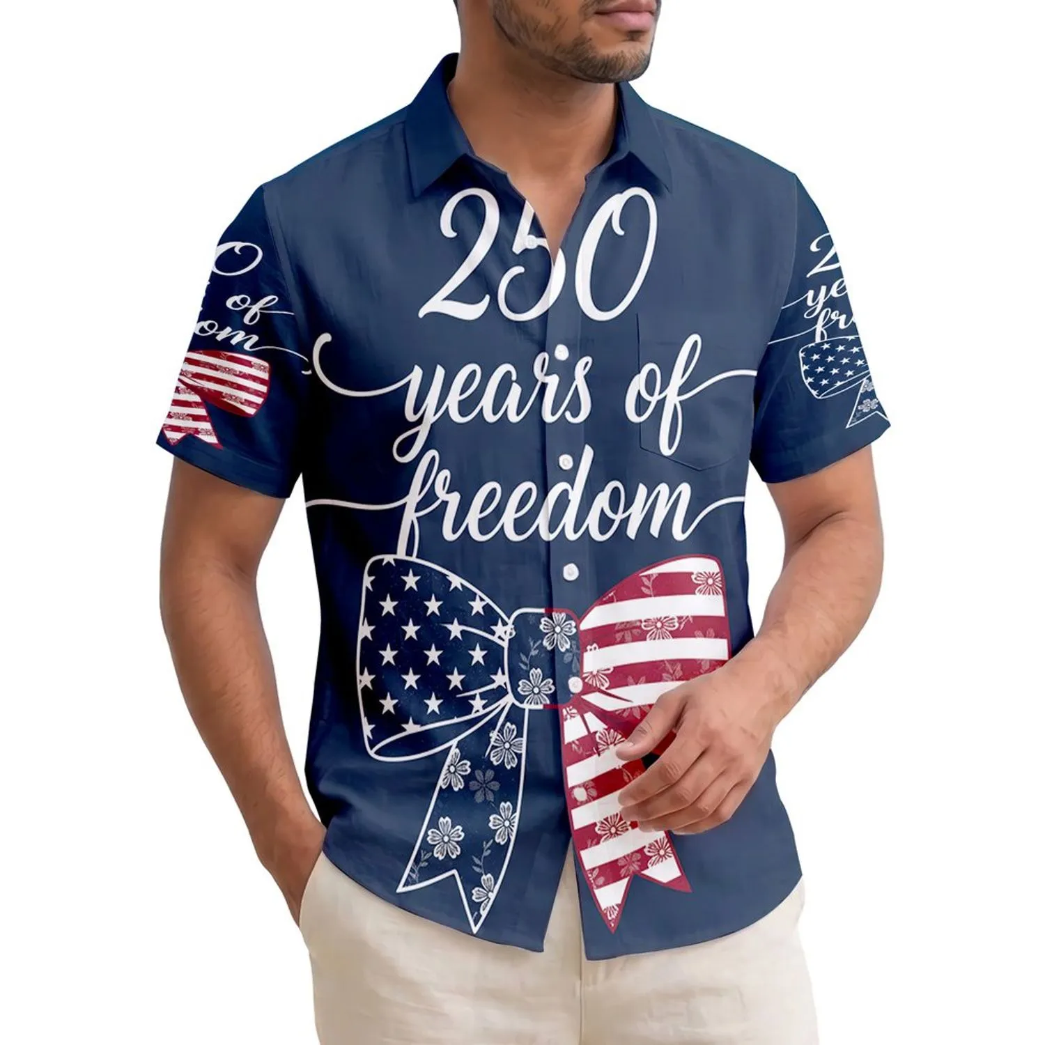America 250th Patriotic Hawaiian Bow - Stars Stripes Floral '250 years of freedom' Short-sleeve Hawaiian Shirt - 1