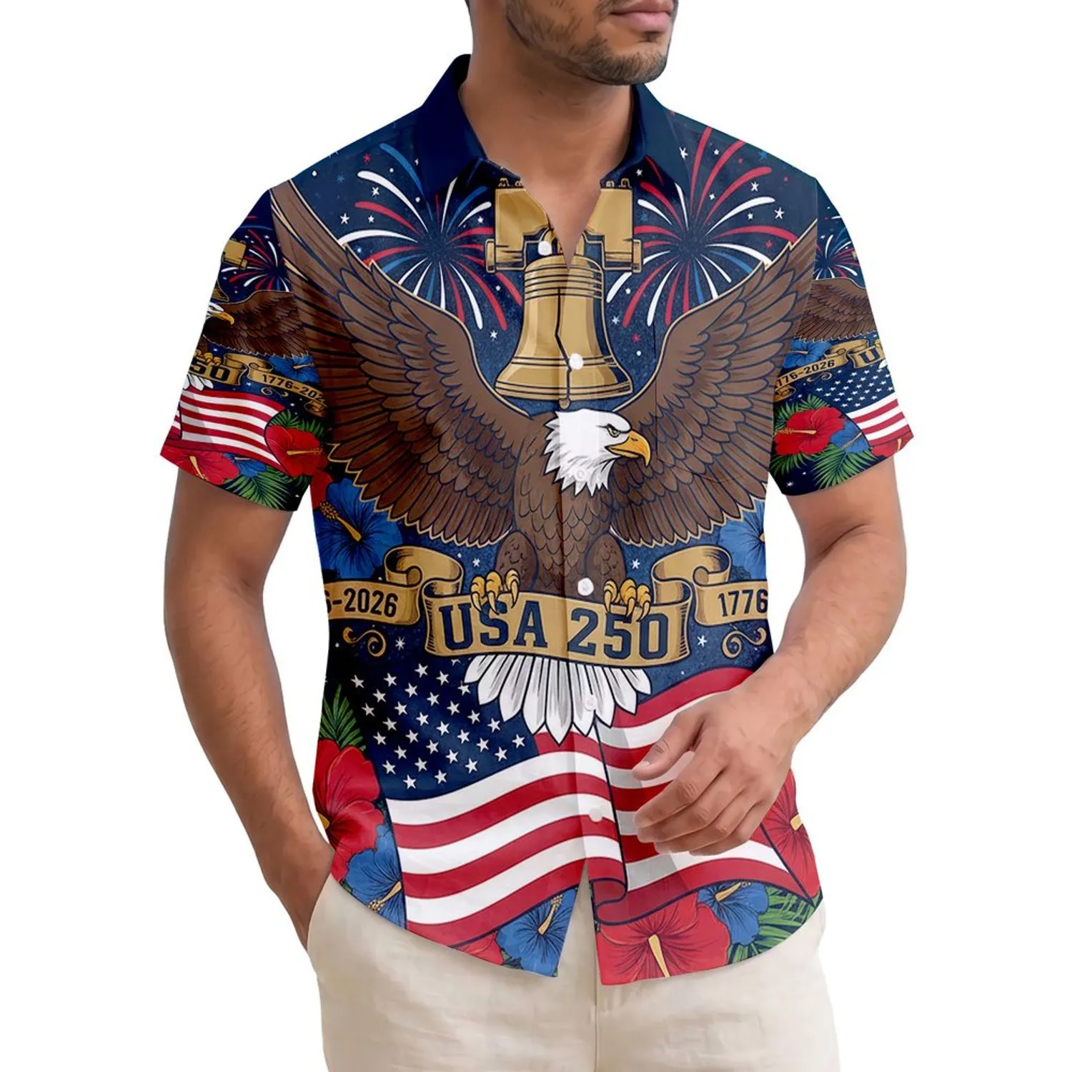 Patriotic Hawaiian Eagle Flag USA 250th Anniversary Liberty Bell Tropical Celebration Short-sleeve Hawaiian Shirt - 1