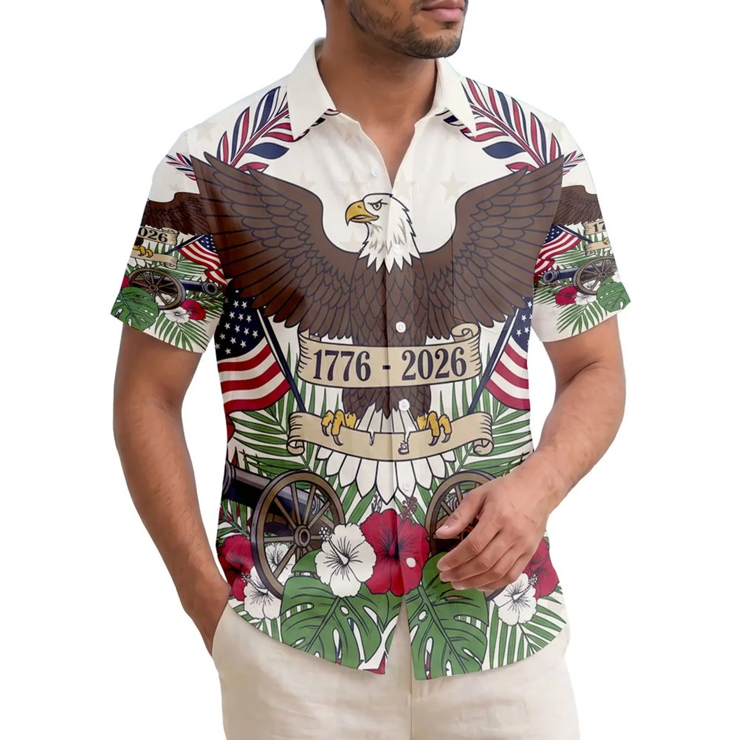 America 250th Bald Eagle Flags Cannons Tropical Hibiscus Wreath 1776 Commemoration Short-sleeve Hawaiian Shirt - 1