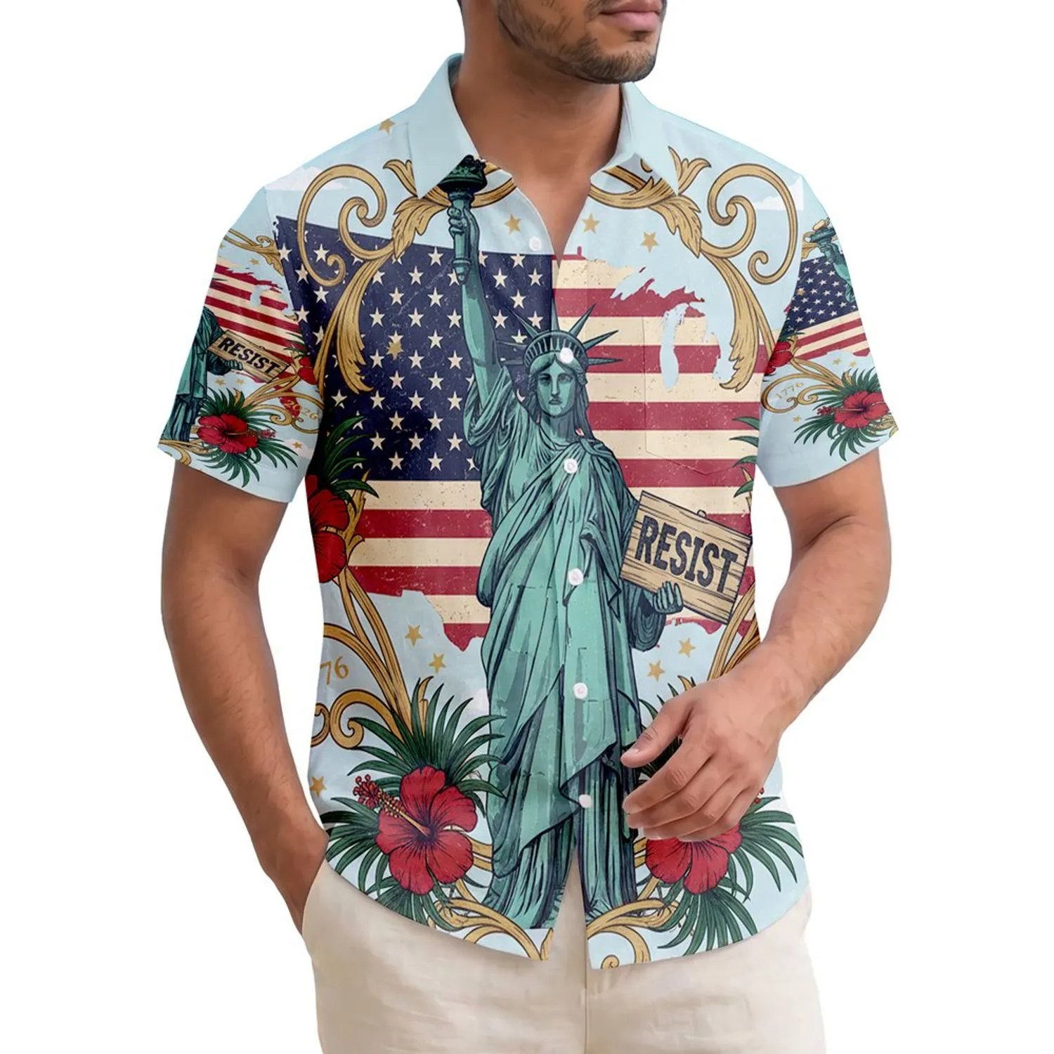 USA 250th Anniversary Liberty Resist Flag Hibiscus Scrollwork 1776 2026 Americana Short-sleeve Hawaiian Shirt - 1