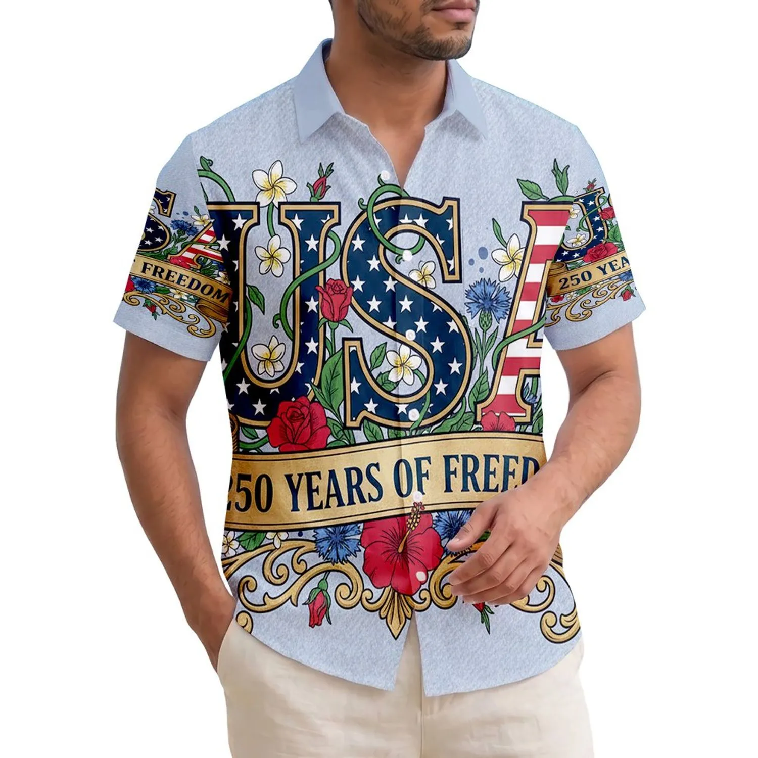 USA 250th Anniversary: Patriotic Stars & Stripes Letters, Roses, Cornflowers, Freedom Banner Short-sleeve Hawaiian Shirt - 1