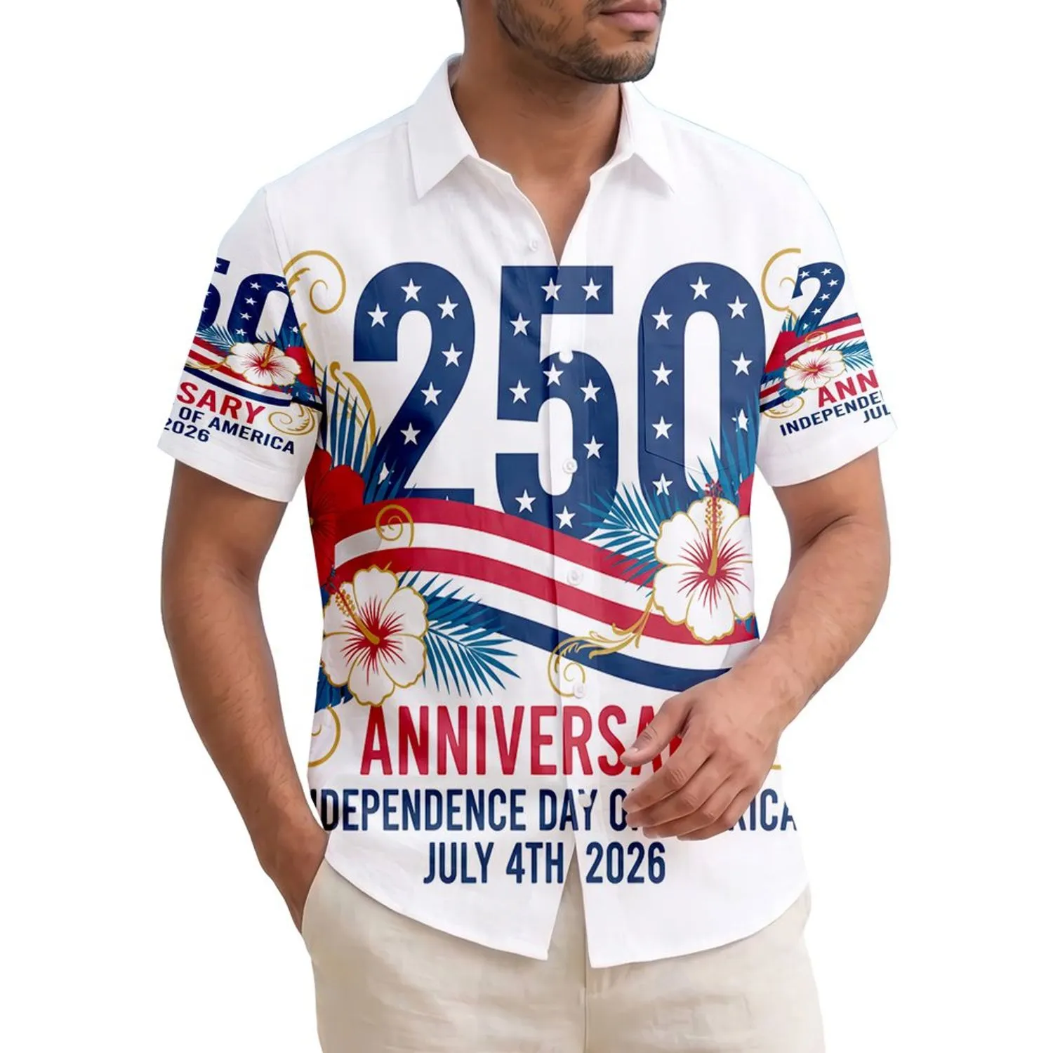 USA 250th Anniversary: Star-Filled 250, Patriotic Ribbon, Hibiscus Palm Scrollwork Short-sleeve Hawaiian Shirt - 1