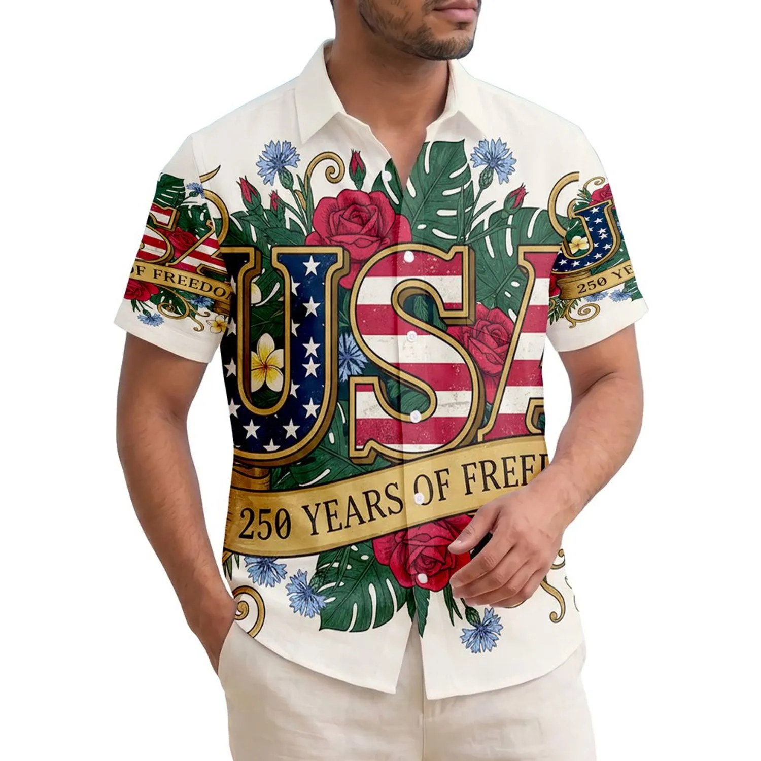 Patriotic USA 250th Anniversary Tropical Floral Gold Freedom Design Short-sleeve Hawaiian Shirt - 1