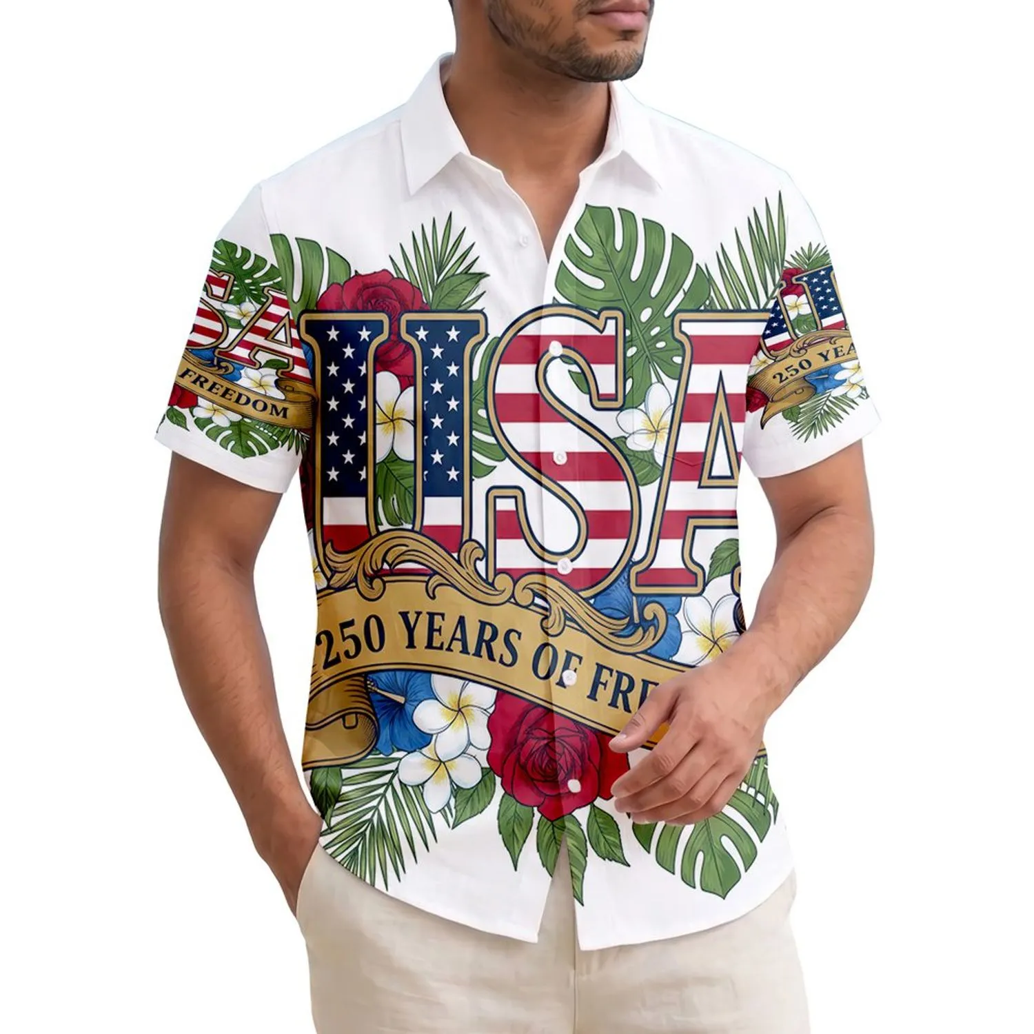 USA 250th Anniversary Freedom Banner Stars Stripes Crimson Rose Tropical Illustration Short-sleeve Hawaiian Shirt - 1