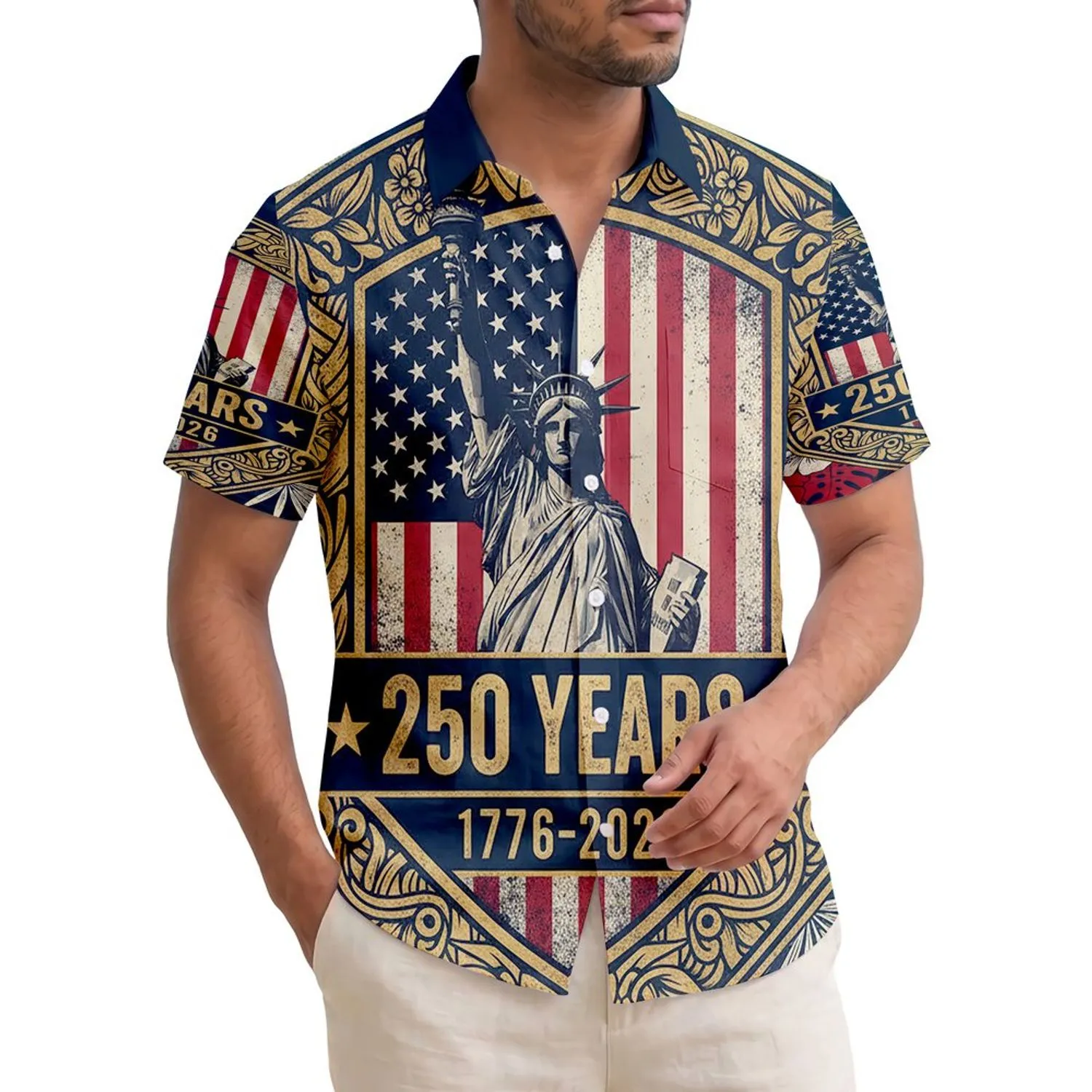 America 250th Anniversary Statue of Liberty Flag Shield 1776-2026 Distressed Gold Short-sleeve Hawaiian Shirt - 1