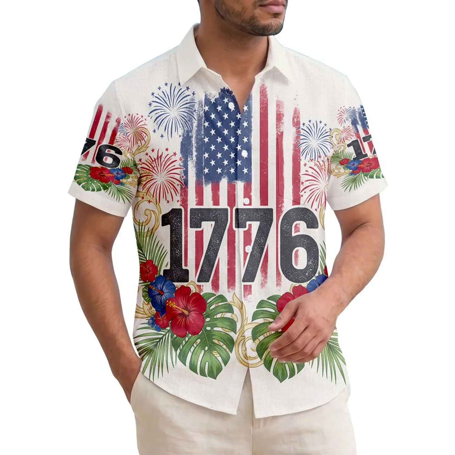 America 250th Anniversary 1776 Flag Panels Hawaiian Tropical Laurel Patriotic Commemoration Short-sleeve Hawaiian Shirt - 1