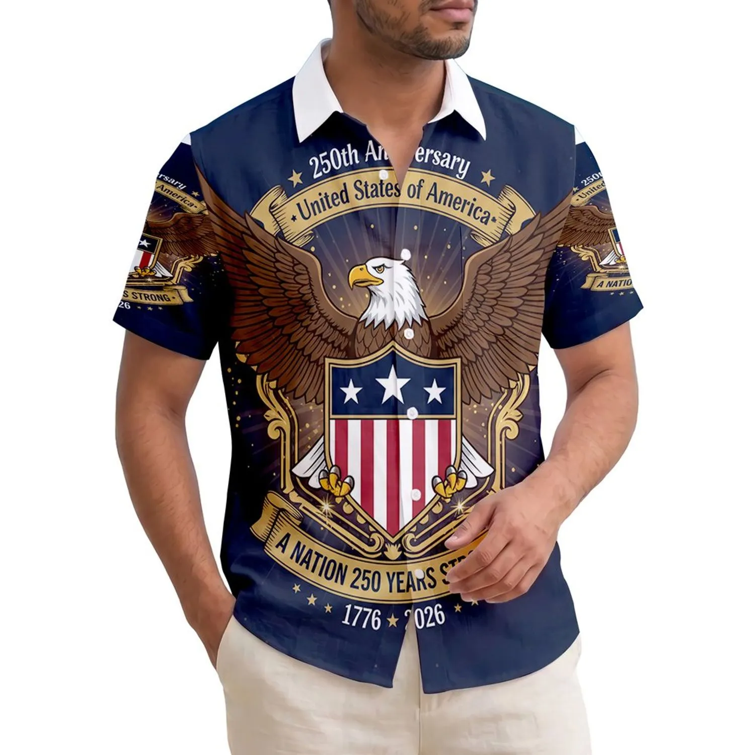 USA 250th Anniversary Bald Eagle Shield 1776-2026 Navy Red White Gold Short-sleeve Hawaiian Shirt - 1