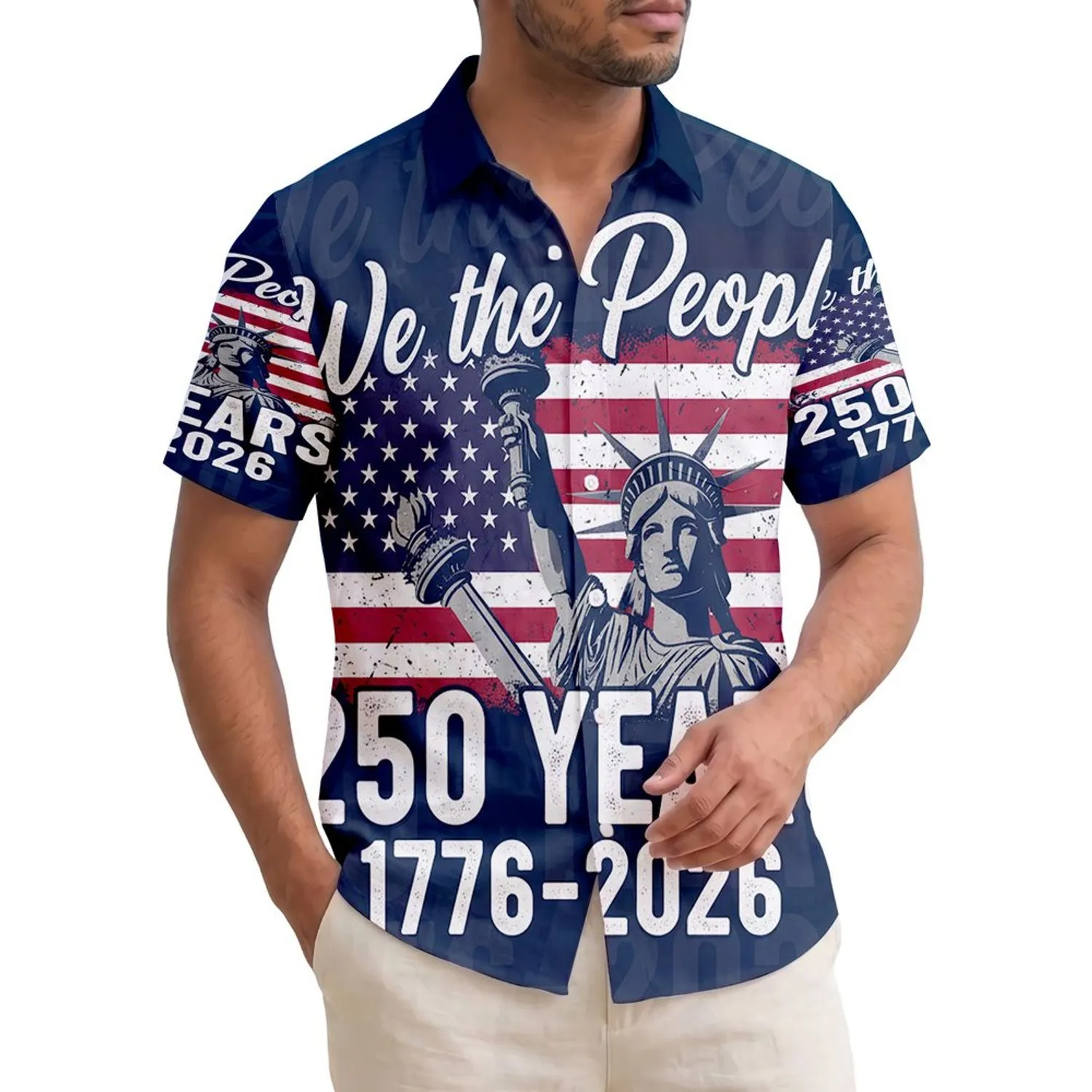 Patriotic We the People 250th Anniversary Flag Torch Crown 1776-2026 Distressed Graphic Print Short-sleeve Hawaiian Shirt - 1