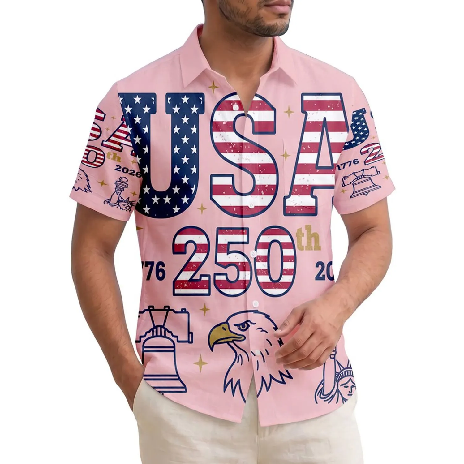 America 250th USA Stars Stripes Tropical Liberty Eagle Statue Design Short-sleeve Hawaiian Shirt - 1