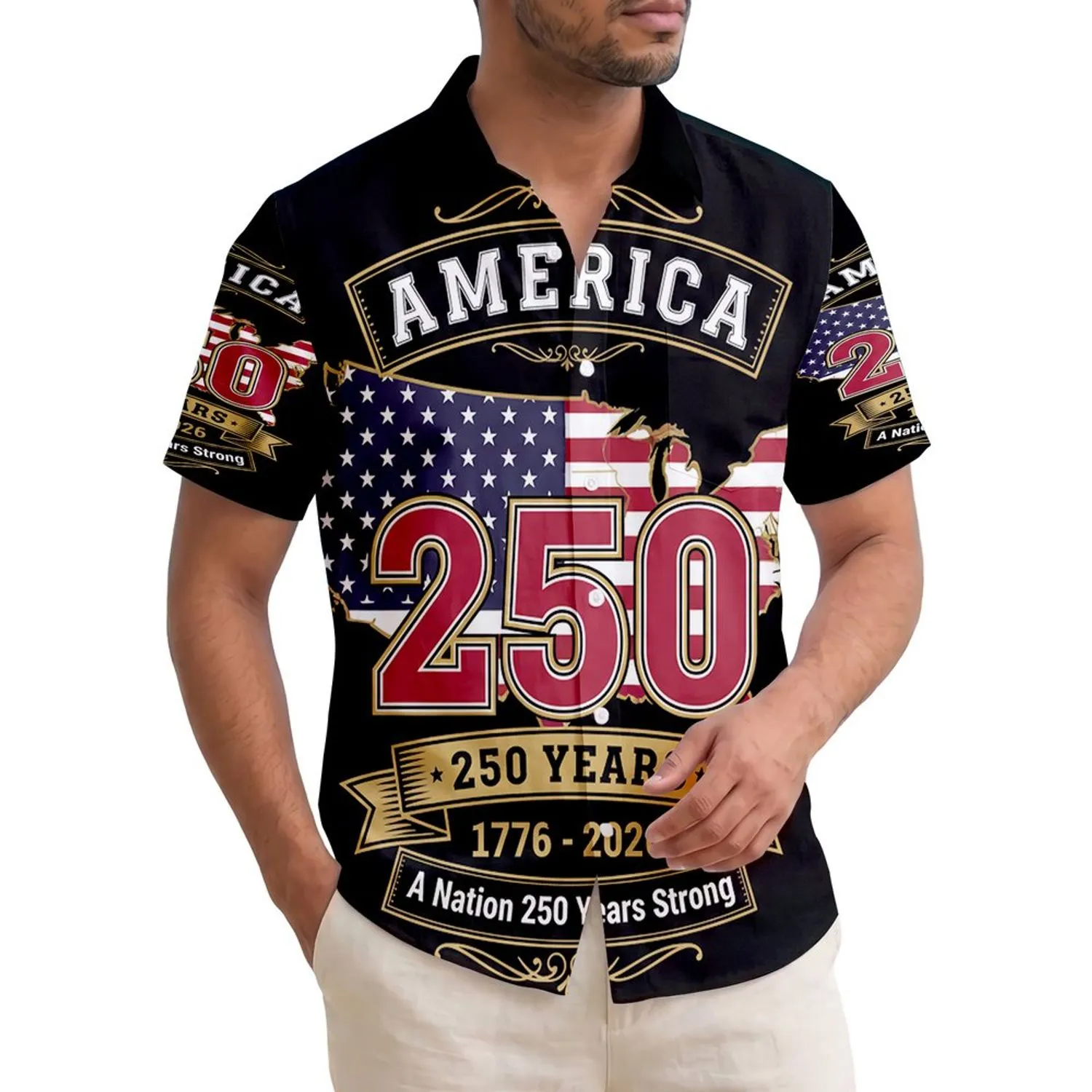 America 250th Anniversary United States Flag Map 1776-2026 Gold Scrollwork Short-sleeve Hawaiian Shirt - 1