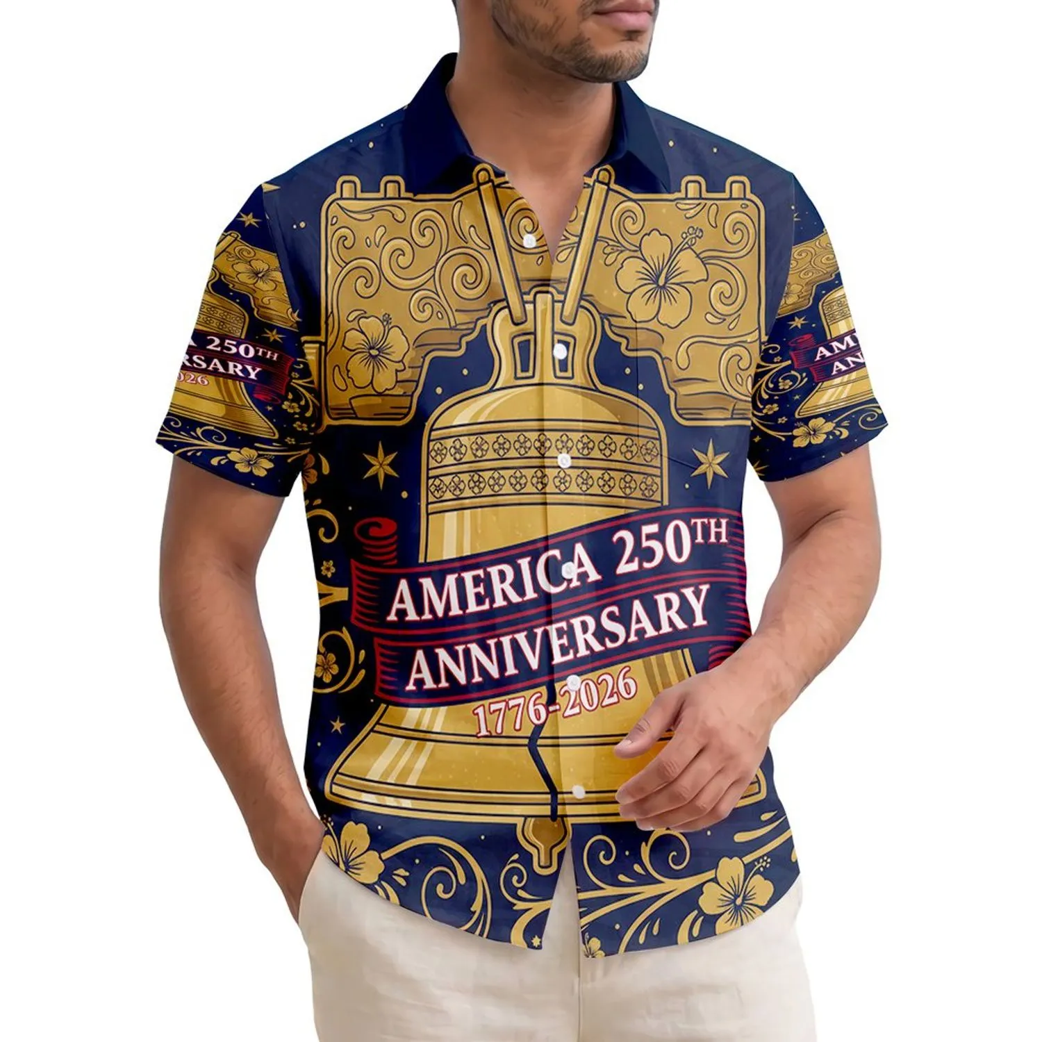 America 250th Liberty Bell 1776-2026 Gold Star Patriotic Hawaiian Navy Commemoration Short-sleeve Hawaiian Shirt - 1