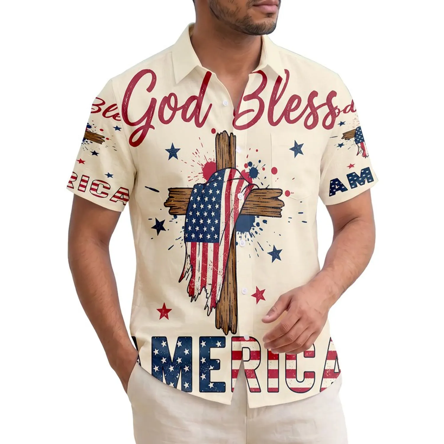 America 250th Birthday God Bless AMERICA Rustic Wood Cross Distressed Flag Design Short-sleeve Hawaiian Shirt - 1