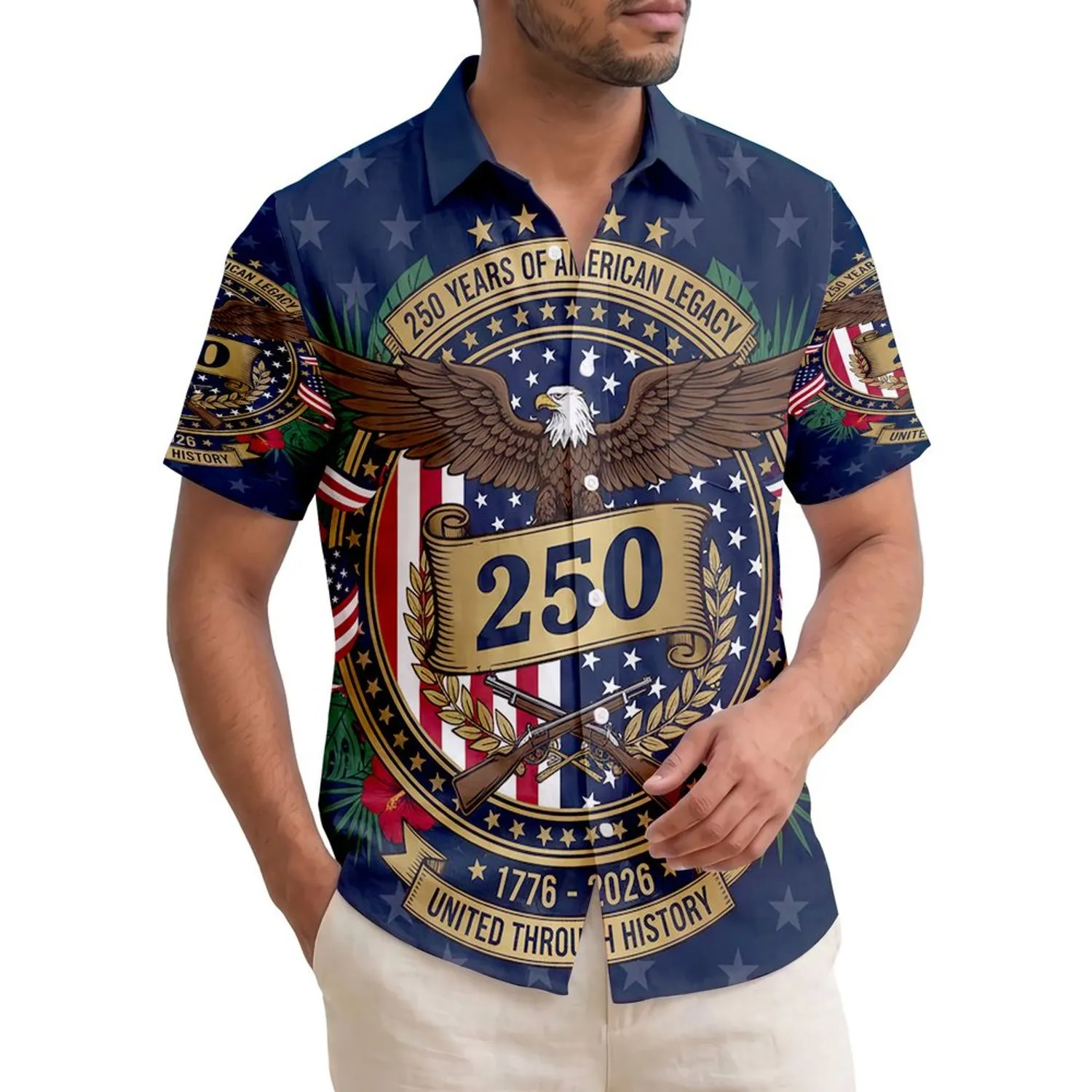America 250th Anniversary Patriotic Emblem Gold Eagle 1776 US Flag Tropical Leaf Design Short-sleeve Hawaiian Shirt - 1