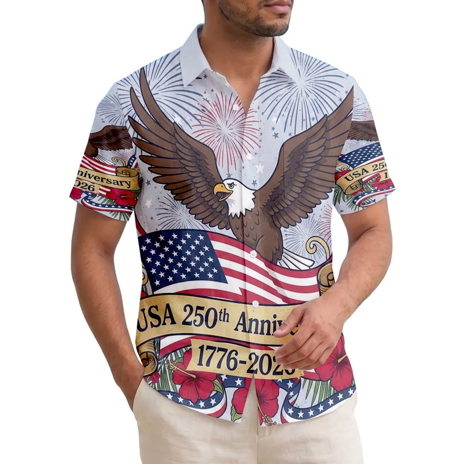America 250th Birthday Patriotic Eagle Flag Tropical Hibiscus Stars Scrollwork Short-sleeve Hawaiian Shirt - 1