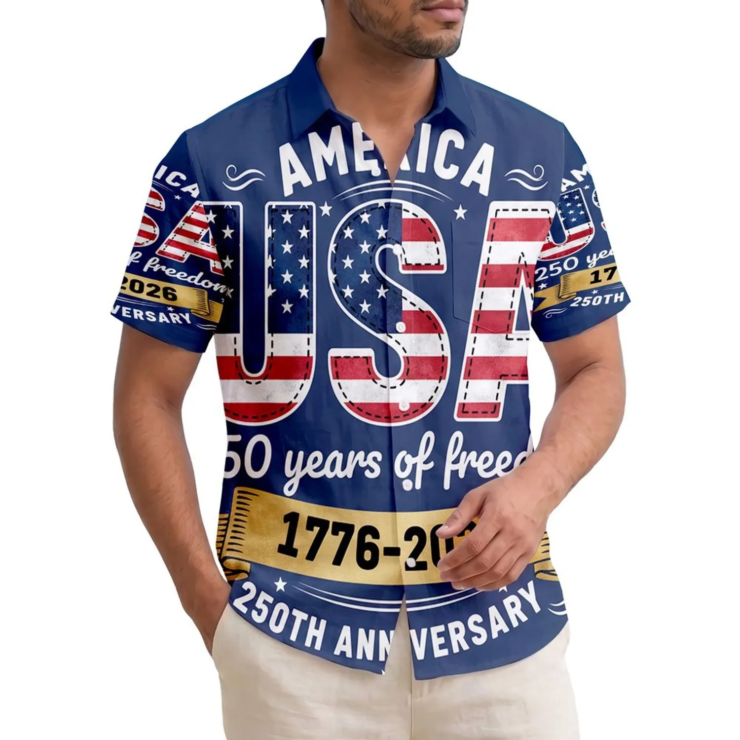 America 250th Celebration: Distressed USA Flag Watercolor Stitched, 1776-2026 Gold Navy Short-sleeve Hawaiian Shirt - 1
