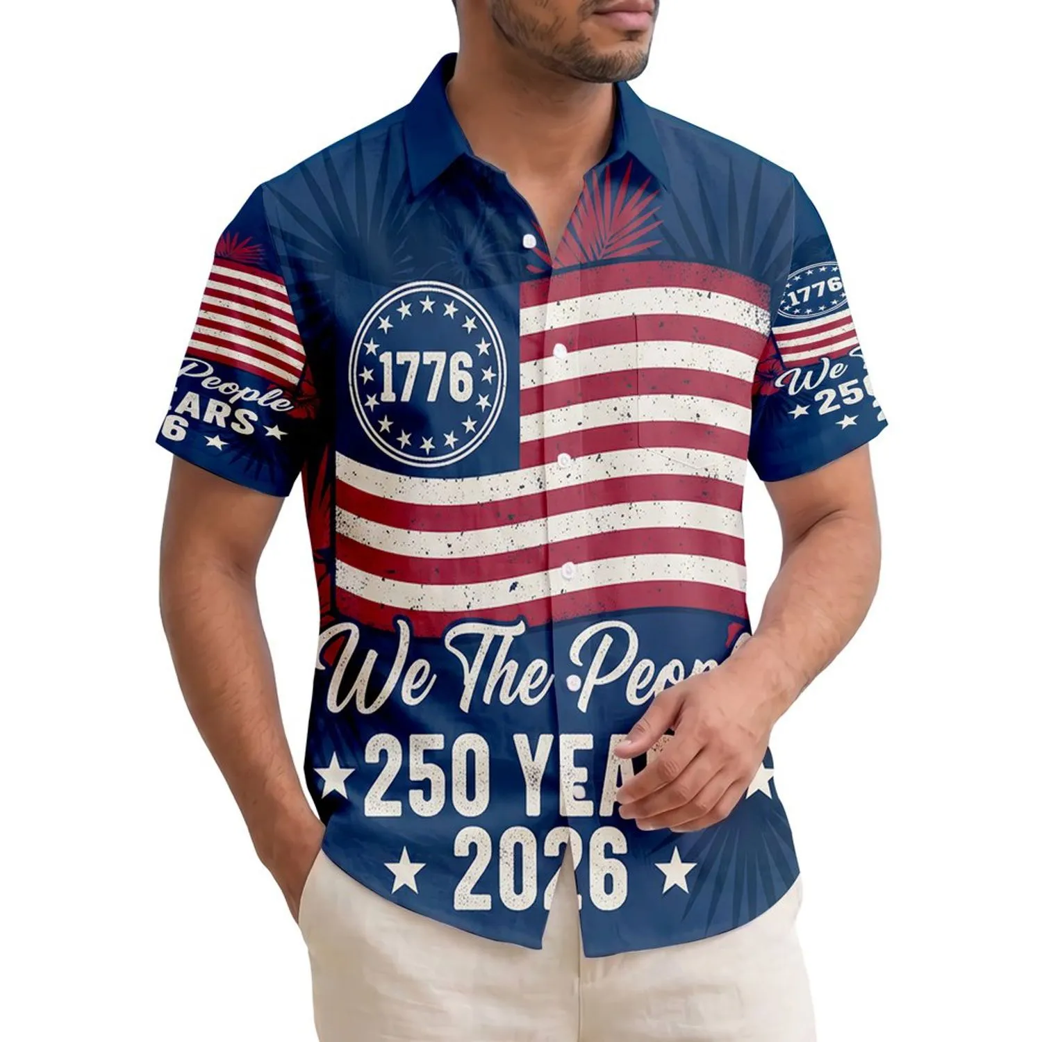 America 250th Semiquincentennial Distressed Flag 1776 'We The People' Patriotic Design Short-sleeve Hawaiian Shirt - 1