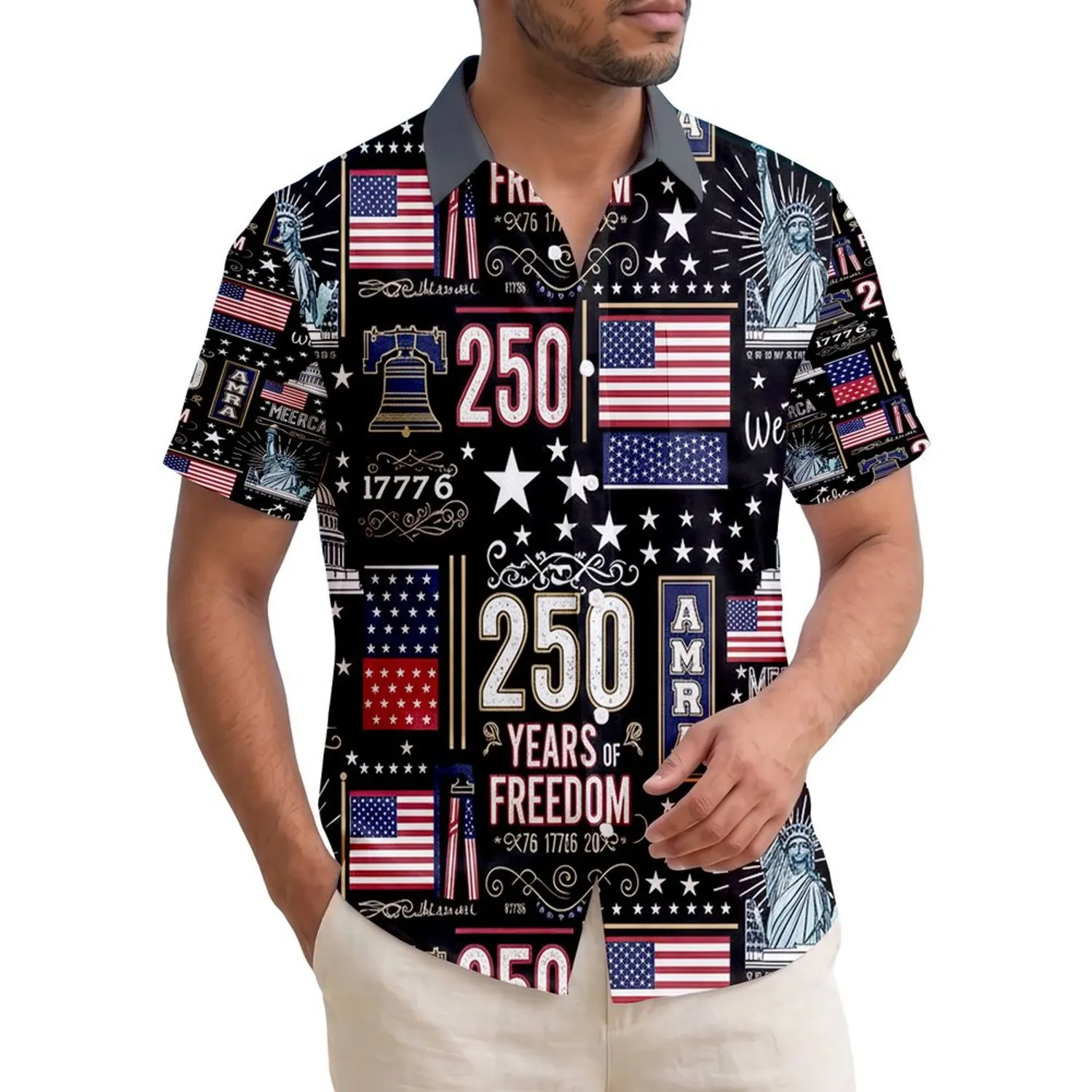 USA 250th Birthday Patriotic Hawaiian Flag Liberty Capitol Bell We the People Mosaic Red White Blue Short-sleeve Hawaiian Shirt - 1