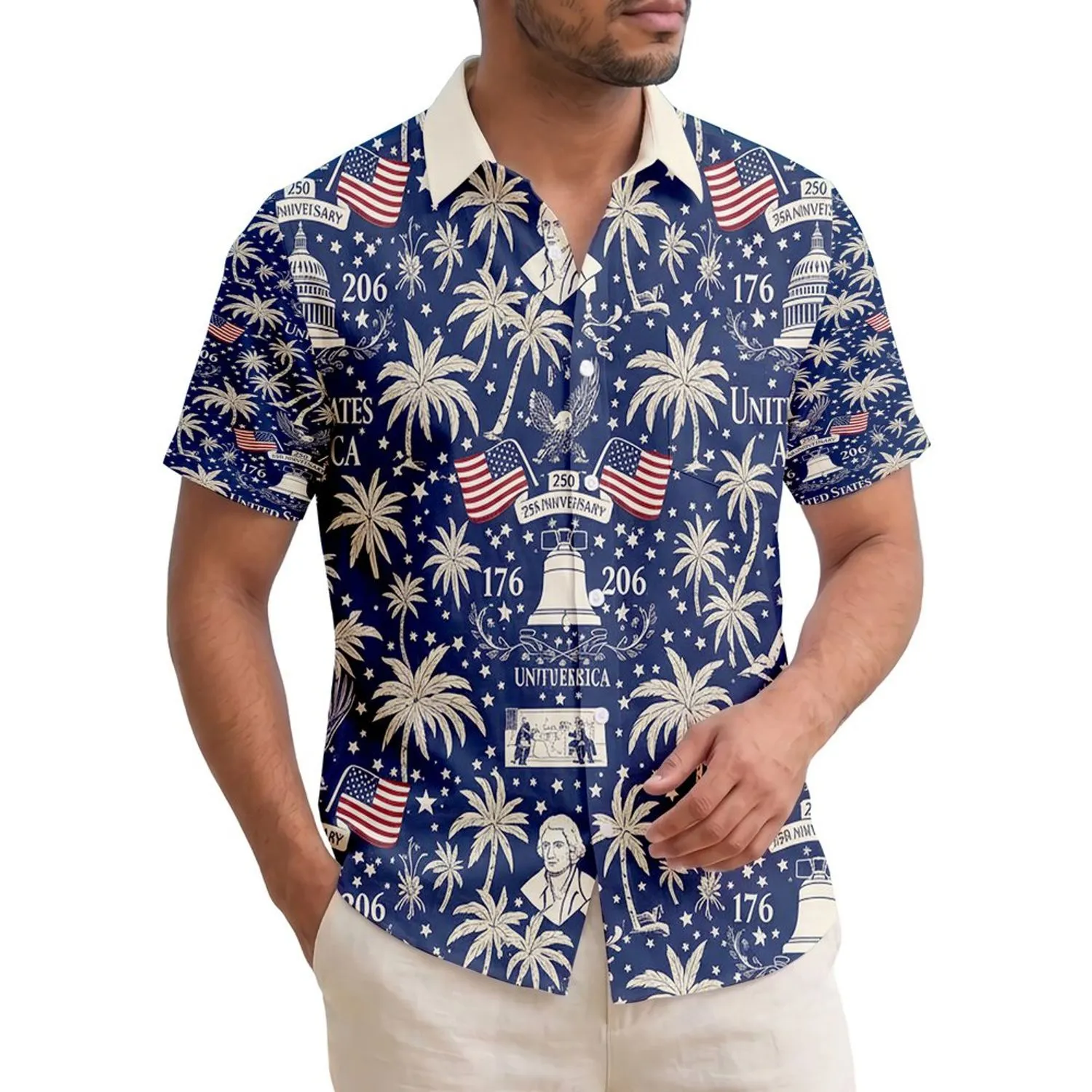 American Patriot USA 250th Anniversary Eagle Flag Liberty Bell Founding Fathers Toile Indigo Cream Short-sleeve Hawaiian Shirt - 1