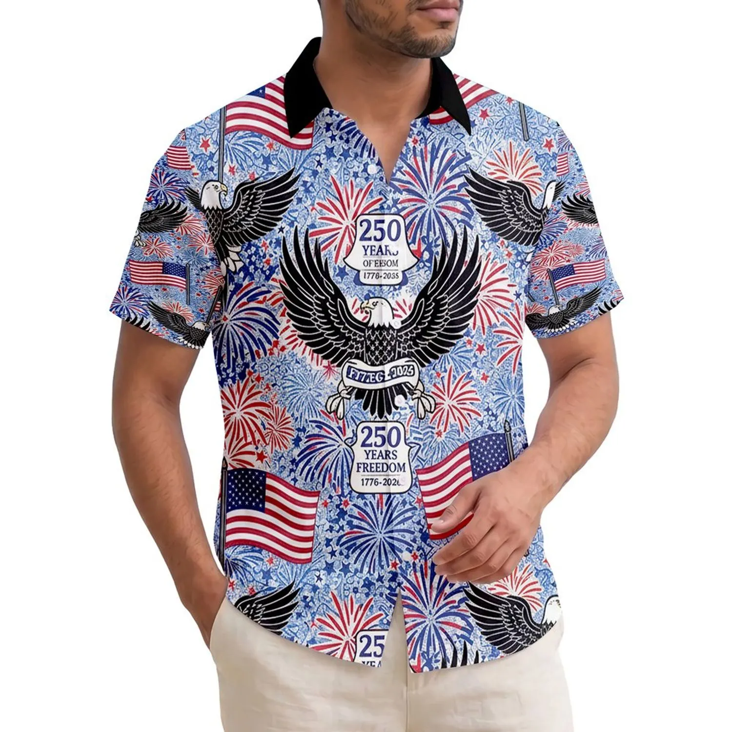 America 250th Anniversary Patriotic Hawaiian Eagle Flag Fireworks Black Crimson White Navy Short-sleeve Hawaiian Shirt - 1